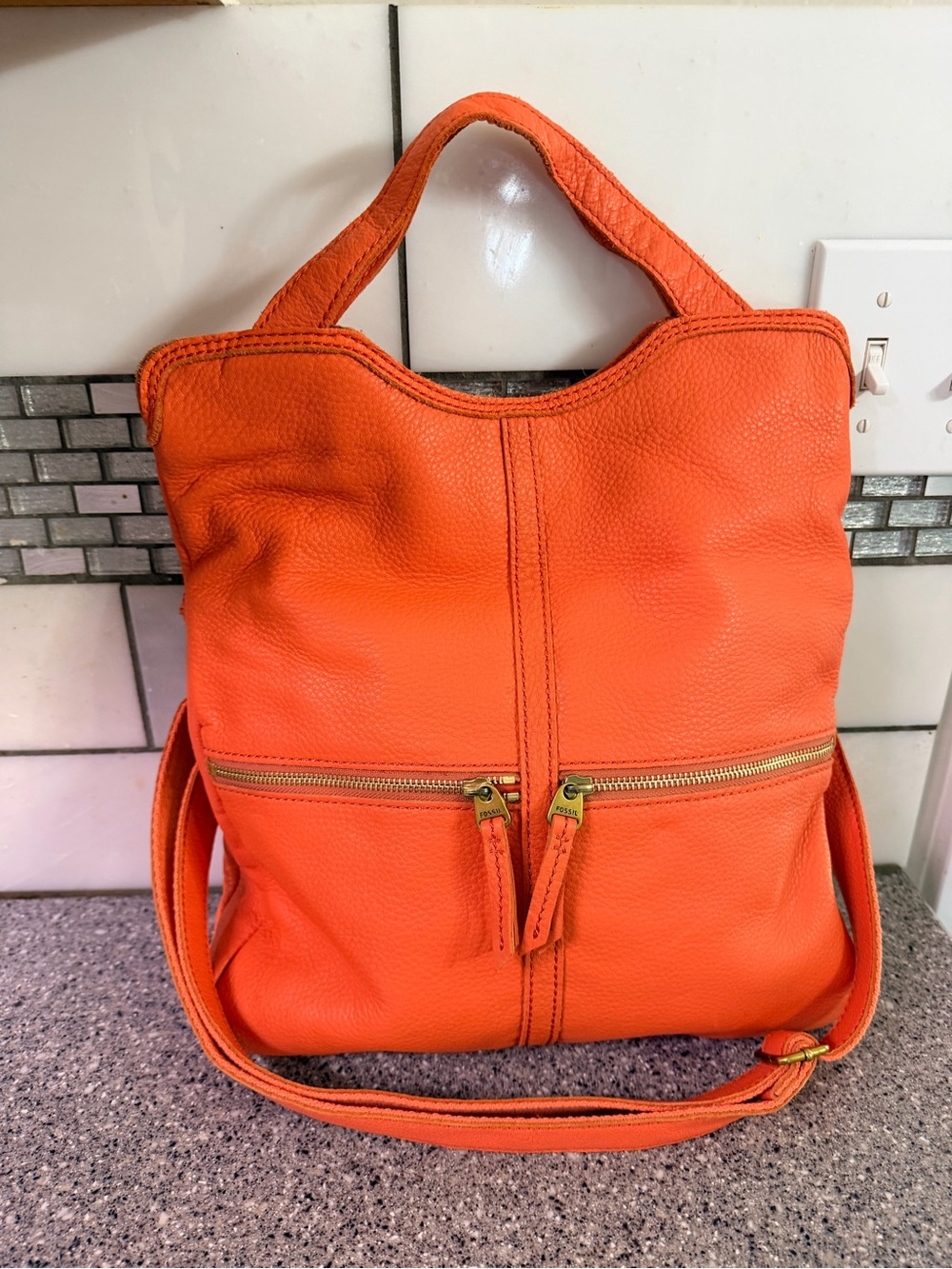 Fossil Orange/coral Pebbled Leather Shoulder Bag